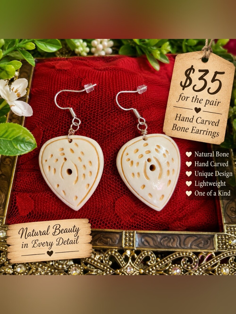 S18 Hand Carved Bone Earrings – Unique Artisan Dangle Earrings – $35